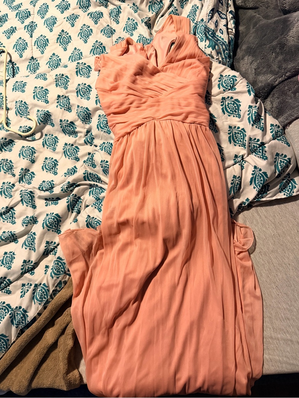 David's Bridal Peach Chiffon Ruched Bodice A-Line Gown